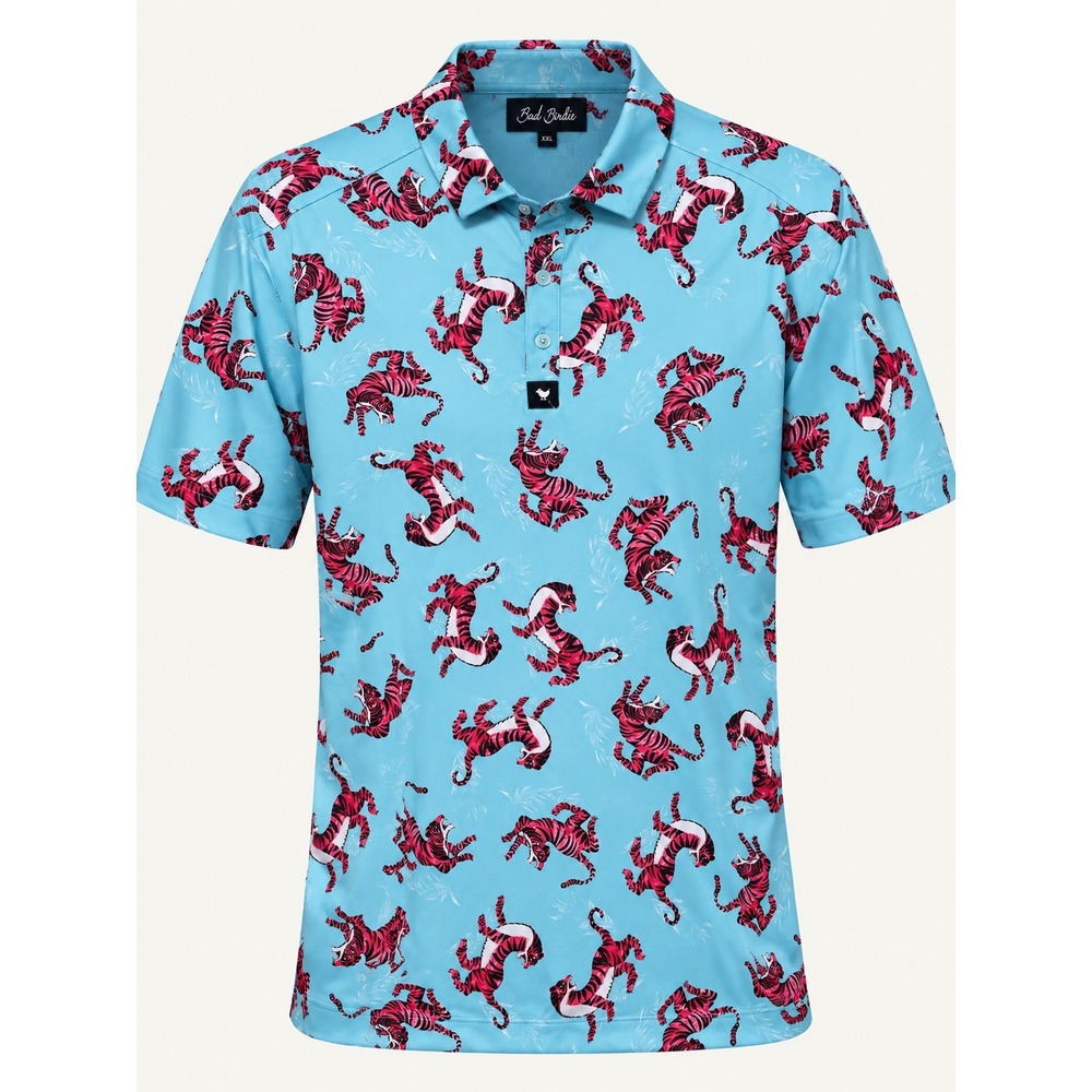 Bad Birdie Mens 2XL Golf Polo Shirt Blue Pink Tiger Print Performance Stretch